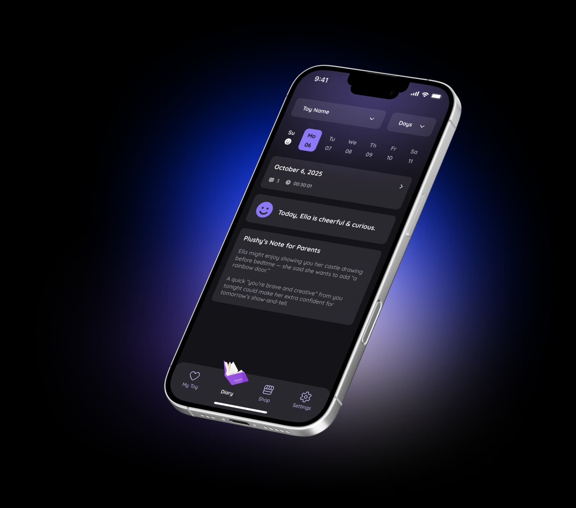Aistrel mobile app showing child learning progress, growth insights, and customization features